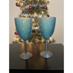 2 Walt Disney Parks Blue CHALICE Wine Glass. Metal Stem.